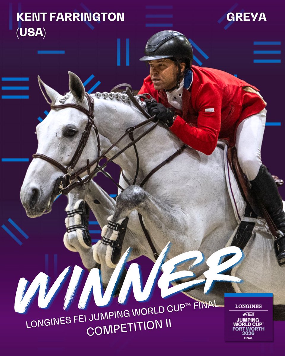FEI_Global's tweet photo. Kent Farrington and Greya are your winners on day two of the 2026 @Longines FEI Jumping World Cup™️ Final! 🇺🇸🏆
#FEI #FEIJumping #FEIJumpingWorldCup #Longines #AlwaysBelieve https://t.co/0rKGX2EQTw