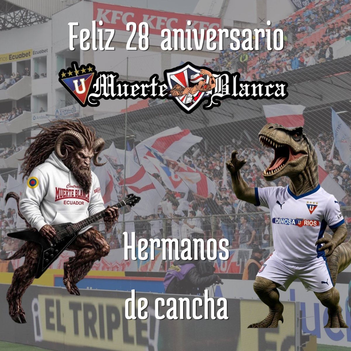 28 años siendo el corazón de la grada, 28 años de caravanas, bombos y banderas. Hoy <a href="/MUerteBlancaEc/">Muerte Blanca Ecuador</a> cumple un año más.

​Gracias por no abandonar y por demostrar que en las buenas y en las malas, la hinchada de la U siempre está presente. ¡Feliz aniversario, hermanos de cancha!