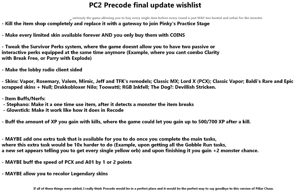 Kaua16161's tweet photo. since pillar chase 2 precode will get one final update once it comes back after the recode is out, I wanted to make a wishlist of things I'd hope to see in that last update

I dont expect even half of these to be added obviously, but I wanted to share my ideas anyway https://t.co/DxsYAoGv0h