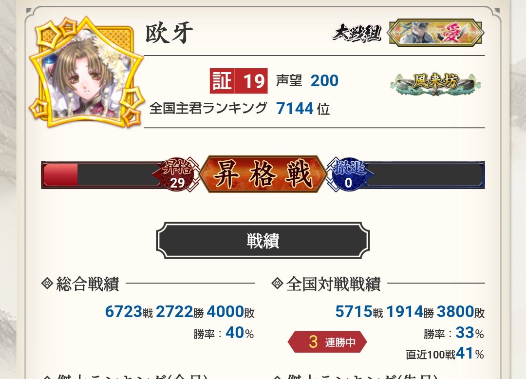 昇格戦到着。

調子良く白星スタート切れたから一発で決めたいところ💦

#英傑大戦