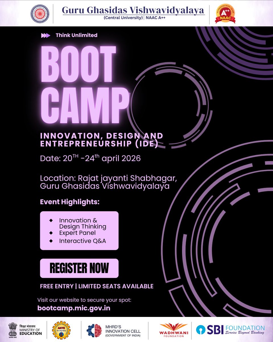 Ggv_sih's tweet image. Join us at GGV for the IDE Bootcamp 2026—a platform to explore innovation, design thinking, and entrepreneurship.

📅 20–24 April 2026
📍 Rajat Jayanti Sabhagaar, GGV
🎟 Free Entry | Limited Seats

Register: bootcamp.mic.gov.in

#SIH2026 #Innovation #DesignThinking