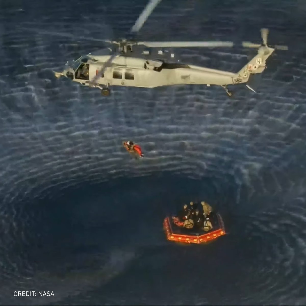 Sikorsky's tweet image. Welcome home Integrity! After the successful completion of the Artemis II mission, @USNavy aircrews hoisted the four astronauts from the front porch of the @LockheedMartin built Orion spacecraft using two MH-60 Seahawks.