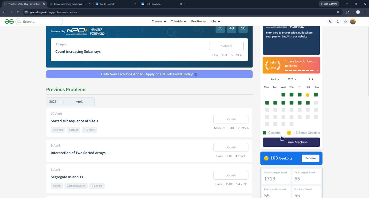 naman_id's tweet image. 60 Days Coding Challenge – Day 55 Completed ✅

@geeksforgeeks @NPCI_NPCI 

#geekstreak60
#npci
#Day55