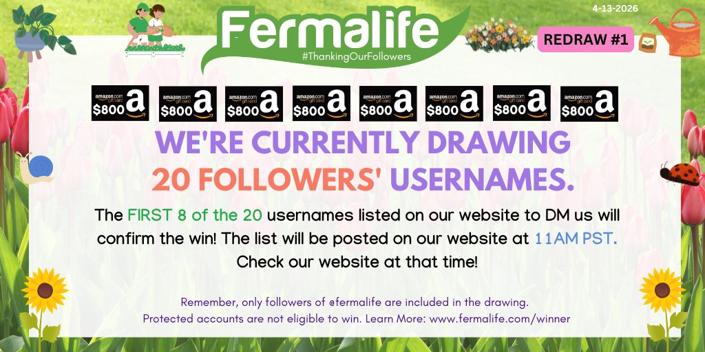 📢It's 9:30 AM PST-- We're currently drawing 20 followers usernames for Redraw #1. At 11 AM PST, check our website to see if you are 1 of the 20 listed. The first 8 of the 20 from the list posted to send us a DM will confirm the $800 #AmazonGiftCard! MORE: fermalife.com/winner