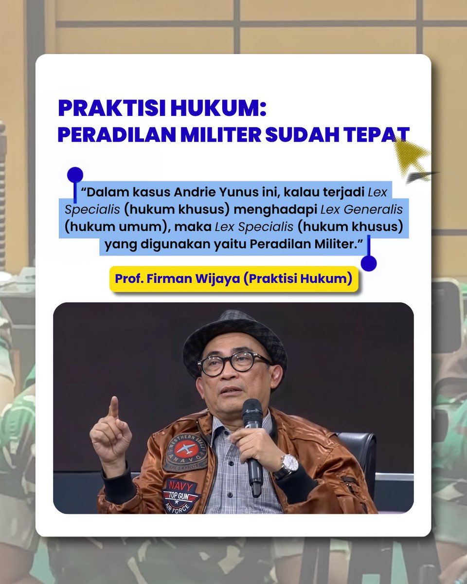 camilaaaabc's tweet photo. Praktisi hukum menegaskan peradilan militer sudah tepat sesuai asas Lex Specialis, demi kepastian hukum yang kondusif. #jagaindonesia #Indonesiaamandamai #fokuskerja #politiksejuk #stabilitasuntuksemua https://t.co/tIVP4RzrwW