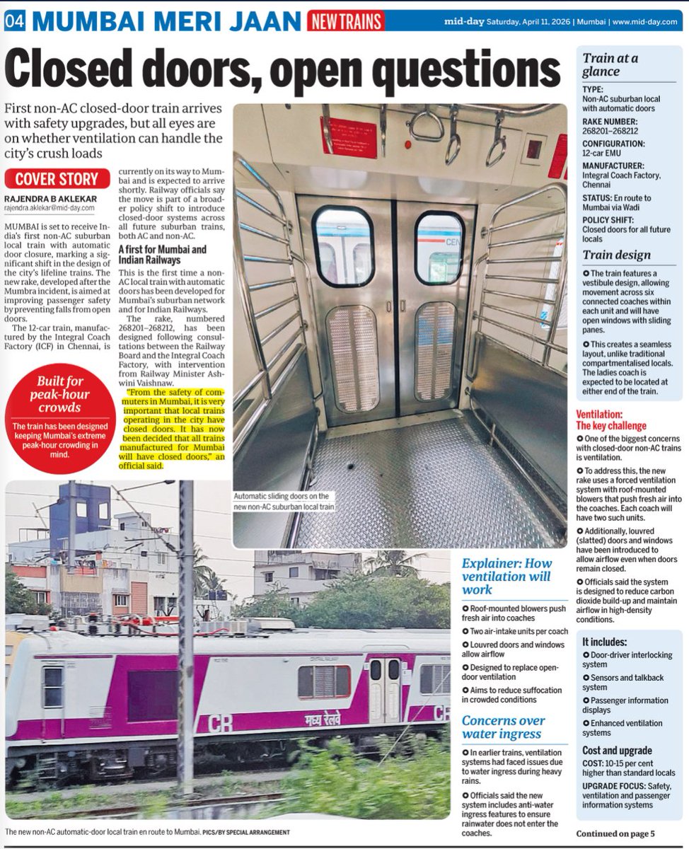 rajtoday's tweet image. Closed door, open questions. A few answers to the mystery non-AC door-close Mumbai local train EMU, a first in India. Details of ventilation, compartments and other issues. 

The train has open windows with sliding glass panes and is based in AC EMU design. So this will be an AC