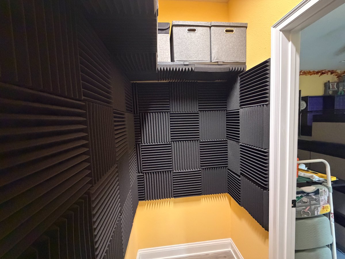 DocMonsterLabs's tweet photo. Build Log #3: Build Complete! 

After installing the rest of the cardboard backing, the acoustic foam went up quickly.

I’ve already had three recording sessions in there, and it’s doing exactly what I hoped. The build is a success!

Thanks to everyone who joined me for the ride. https://t.co/hn8LPBPjQh