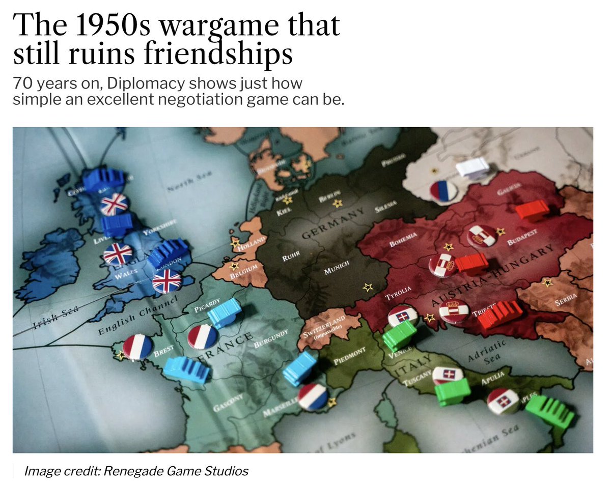 pronounced_kyle's tweet image. The next edition of "CK makes people play epic board games" is here!

Anybody want to play Diplomacy?

It's like Risk, but deterministic, and primarily about negotiation &amp;amp; betrayal — takes anywhere from 3 to ∞ hours to play.