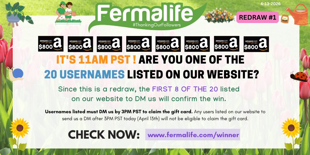 📢🥕It's 11 AM PST! It's time to check if you are 1 of the 20 followers listed on our website for REDRAW#1. The first 8 of the 20 from the list to DM us will confirm the #win of a $800 #AmazonGiftCard 🎉 CHECK NOW: fermalife.com/winner  #ThankingOurFollowers✨
