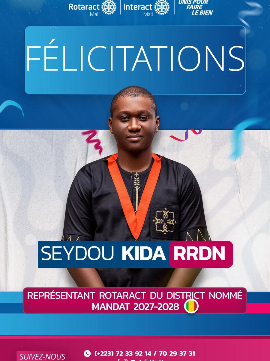 CNCRIMALI's tweet photo. ✨ FÉLICITATIONS &amp; HOMMAGE AU LEADERSHIP ✨

C’est avec une immense fierté et un profond respect que nous saluons l’élection de Seydou Kida en qualité de Représentant Rotaract du District nommé pour le mandat 2027–2028.

#Rotary_International
#District9101
#CNCRIM
#RRDN https://t.co/fnimMICwJY