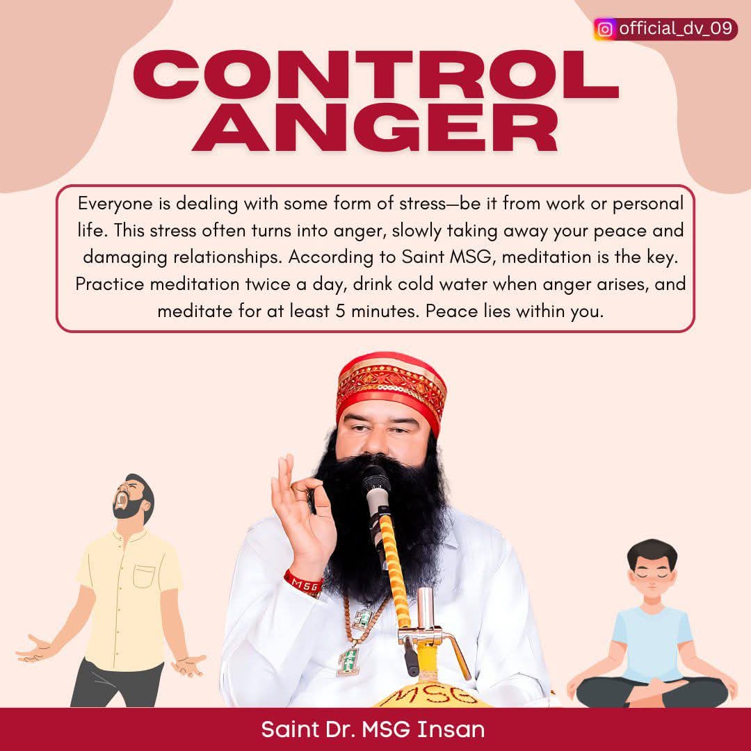 GunjanInsa30679's tweet photo. Anger lasts only for a moment, but its words and effects stay for a long time. To practice #ControlAnger, learn to pause before reacting. Take a deep breath, stay calm, and speak thoughtfully. Saint Gurmeet Ram Rahim Ji teaches that true strength lies in controlling your mind. https://t.co/5JU1WpFel5