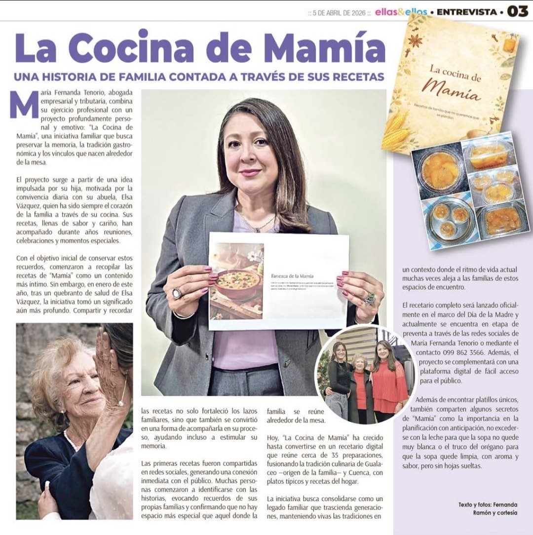 La "Cocina de Mamía" es un recetario para rememorar los platos de antaño, con esos sabores que se disfrutaban en familia. María Fernanda Tenorio cuenta los detalles. 

Suplemento Ellas &amp; Ellos / Diario <a href="/elmercurioec/">Diario El Mercurio</a>
Domingo 5 de Abril de 2026
