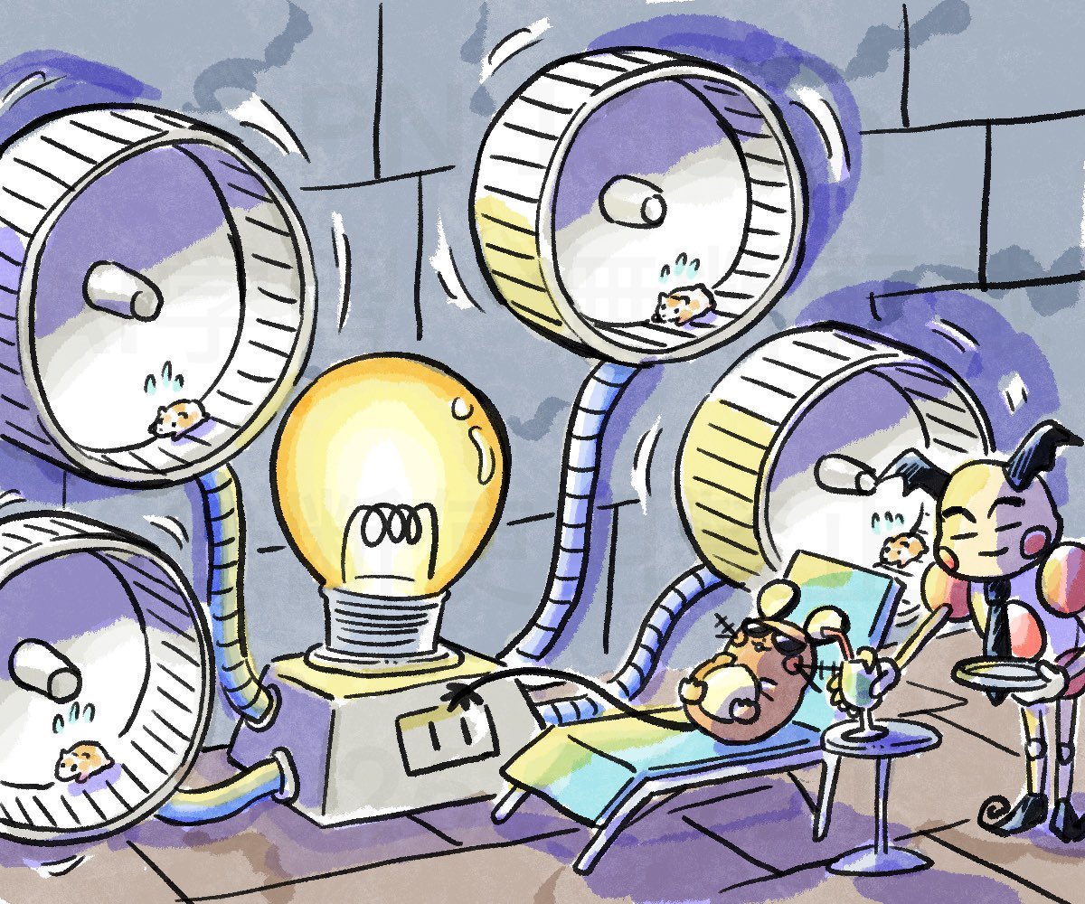 お題箱から、ハムスターに回し車を回させて発電された電気を盗むデデンネ。