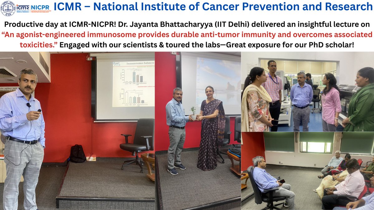 icmr_nicpr's tweet photo. A very insightful lecture delivered by Dr. Jayanta Bhattacharyya on cutting-edge immunotherapy approaches advancing durable anti-tumor immunity.
Great interactions with our scientists &amp; an enriching lab tour—valuable exposure for our PhD scholars.
#CancerResearch #Immunotherapy https://t.co/A0quyz61Cp