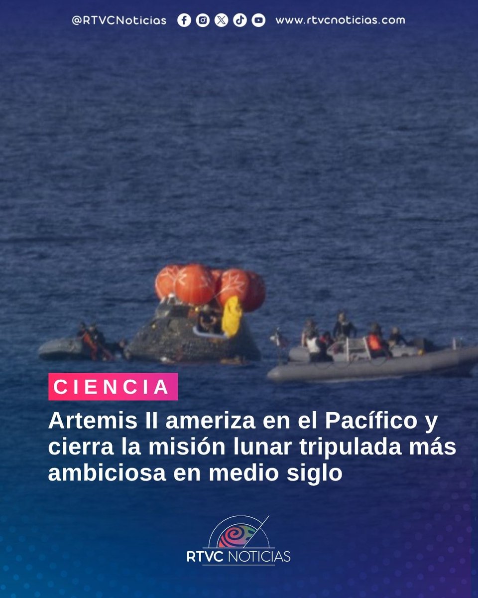 RTVCnoticias's tweet image. #Ciencia | Artemis II amerizó en el Pacífico y cerró la misión lunar tripulada más ambiciosa en más de 50 años. 🚀 Los cuatro astronautas de la nave Orión regresaron sanos y salvos tras 10 días en el espacio.

La misión marcó hitos históricos al alcanzar más de 406.000 km de