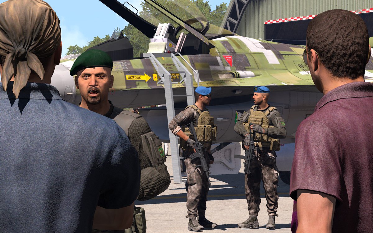 Arma_Reposter's tweet photo. Altis Military Police guarding the newly acquiered F-16s during an open display for the public to see them.

#Arma3 #armaphotography #AAF #MilitaryPolice #F16 #AltisArmedForces https://t.co/joDUfvmnCb
