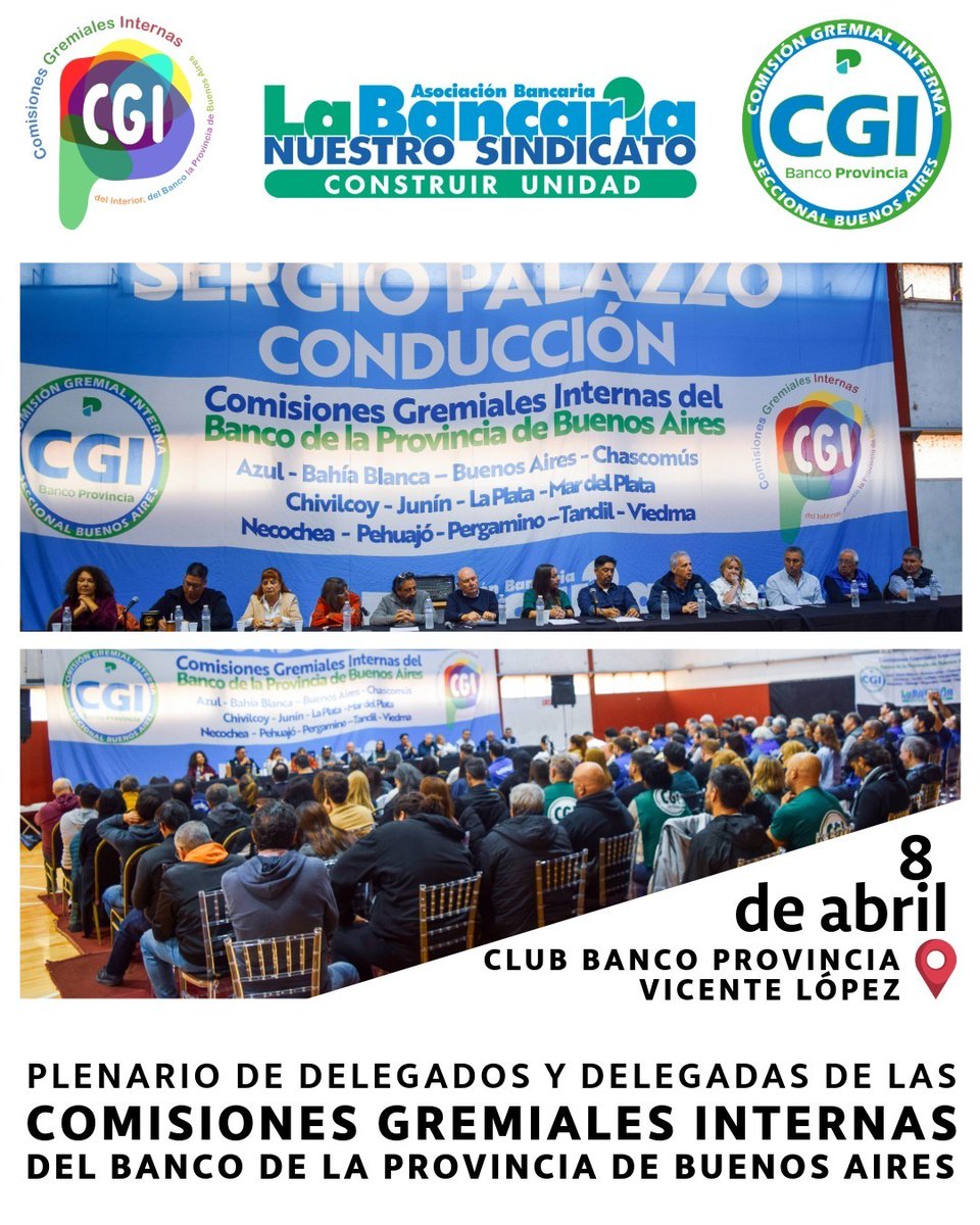 #Unidad

⏩️ El día 8/4, nos encontramos en el club de nuestro Banco, el conjunto de las Comisiones Gremiales Internas.

CGI BANCO PROVINCIA, SECCIONAL BUENOS AIRES