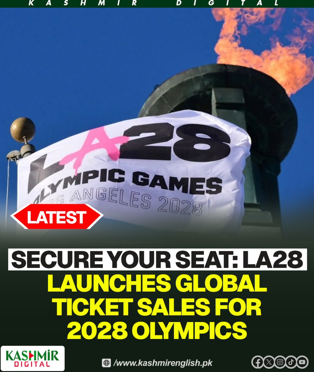 KashmirDigital1's tweet image. Secure your seat: LA28 launches global ticket sales for 2028 Olympics

To read more visit: kashmirenglish.pk/la28-launches-…

#Secure #Seat #LA28 #GlobalTicketSales #2028Olympics #LosAngeles
