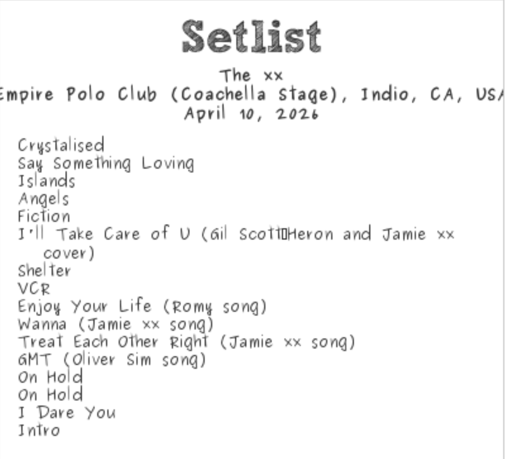 The setlist for The xx's performance at Coachella 2026.

(via <a href="/setlistfm/">setlist.fm</a>)