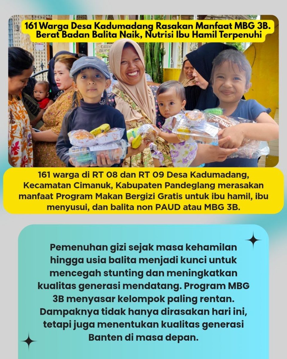 swaraqalbu's tweet image. Melihat senyum ibu &amp;amp; balita di Desa Kadumadang bikin hati adem. Program MBG 3B bukan sekadar bantuan, tapi bentuk cinta untuk cegah stunting. Nutrisi hari ini adalah harapan bagi generasi Banten yang lebih hebat esok hari. Sehat selalu, ya! ❤️🍼 #CegahStunting #MBG3B #Pandeglang