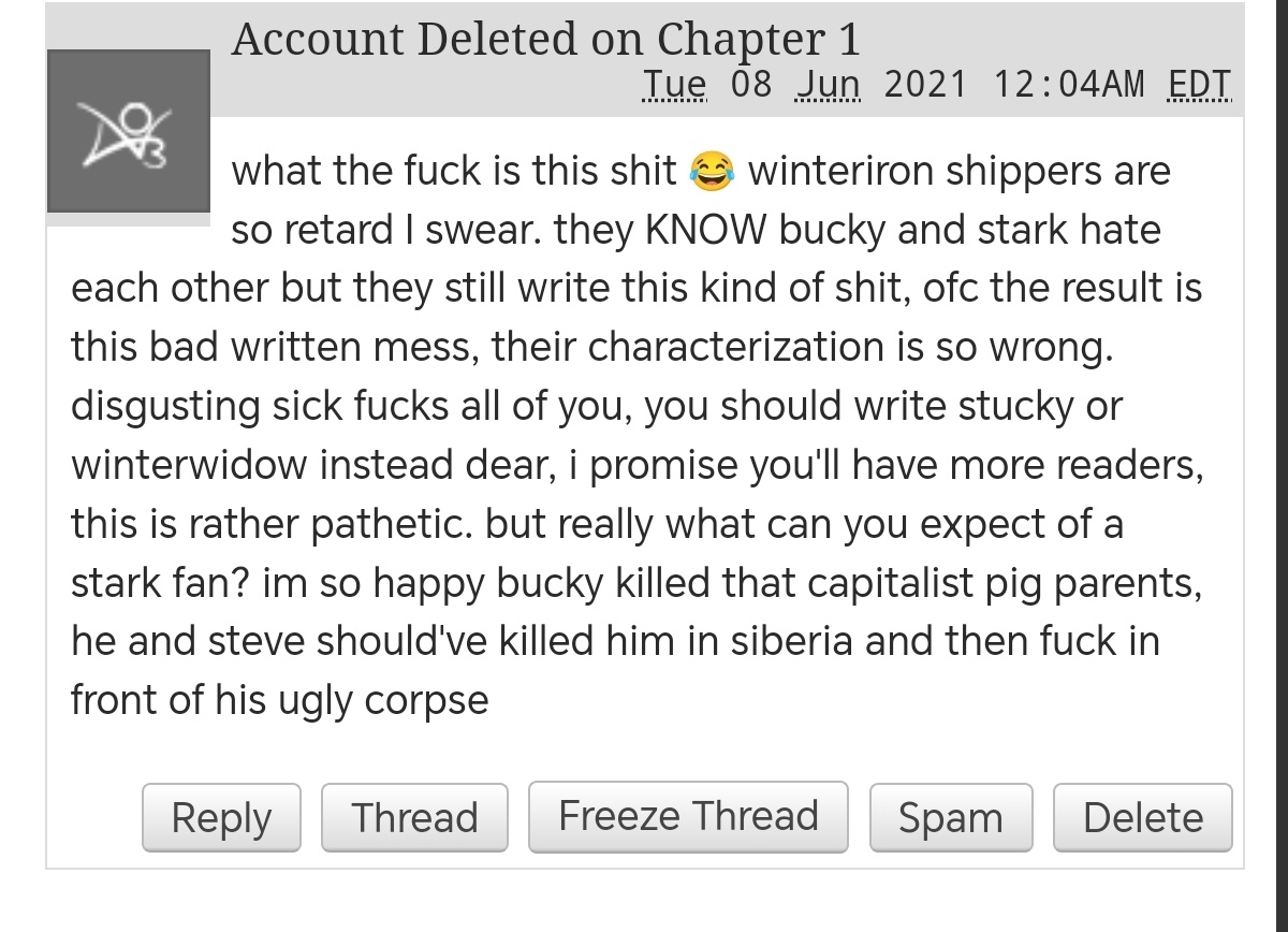 SnarkTealicious's tweet photo. this is exactly wht happened to me whn i used to write mcu!winteriron fics. 😔 kept commenting how stupid i was for writing for my ship &amp; tht i should kms then went on to say i should write for their superior &amp; canon ships so i'll get more readers. they did this to all of my fics https://t.co/pzWYgUkWM1