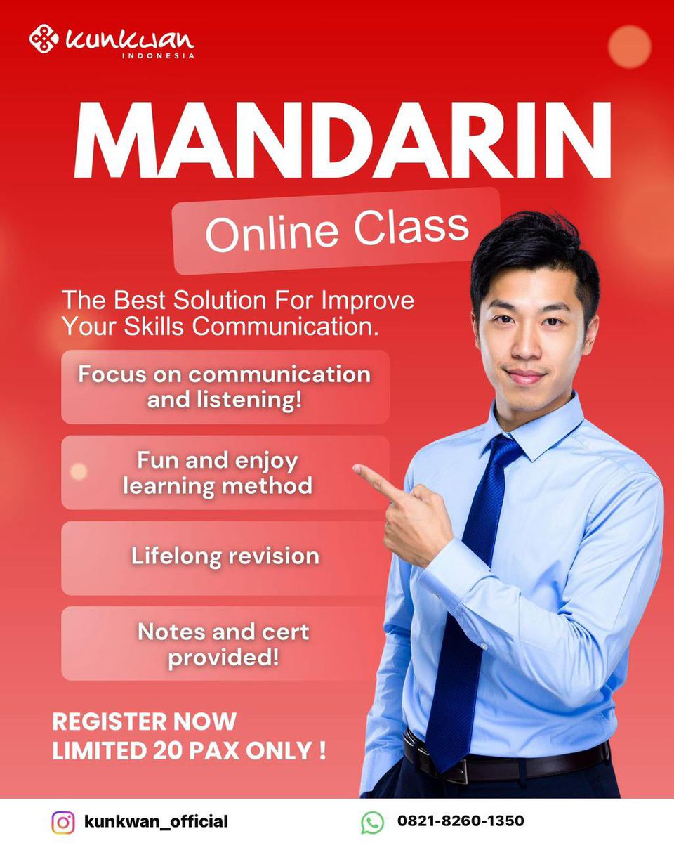FinkaTjandra's tweet photo. Nǐ hǎo!
In this economy, masih ada trial class buat belajar Mandarin *online via Zoom dan dapet sertifikat lagi?!* 😱 adaa dong dari Kunkwan Indonesia!
Yuk PC buat yang mau join karena kuota terbatas cuman buat 20 orang pertama!! 🧧

Komen, DM, or WhatsApp: 0821 8260 1350 (finka) https://t.co/DL0eta2XE4