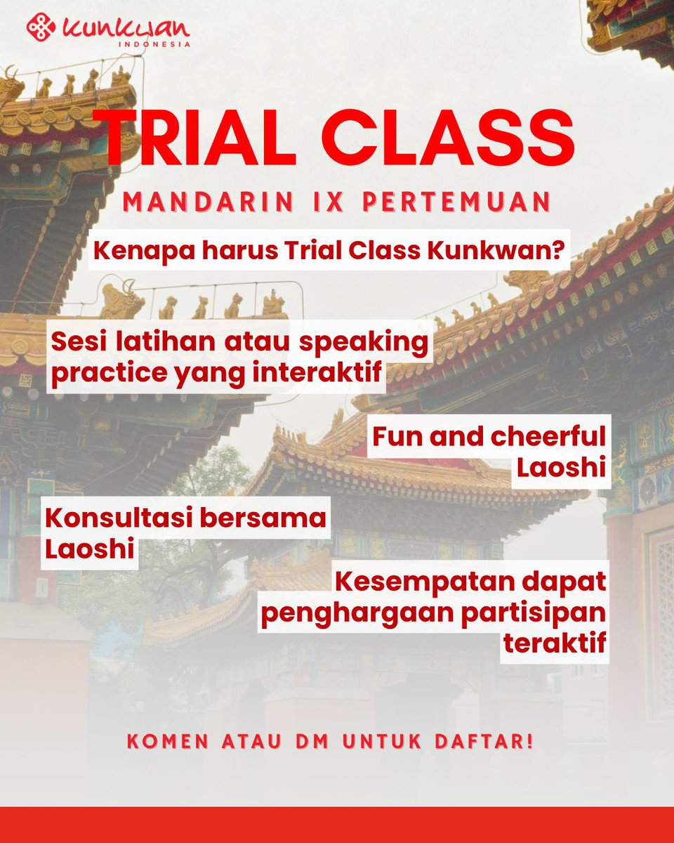 FinkaTjandra's tweet photo. Nǐ hǎo!
In this economy, masih ada trial class buat belajar Mandarin *online via Zoom dan dapet sertifikat lagi?!* 😱 adaa dong dari Kunkwan Indonesia!
Yuk PC buat yang mau join karena kuota terbatas cuman buat 20 orang pertama!! 🧧

Komen, DM, or WhatsApp: 0821 8260 1350 (finka) https://t.co/DL0eta2XE4