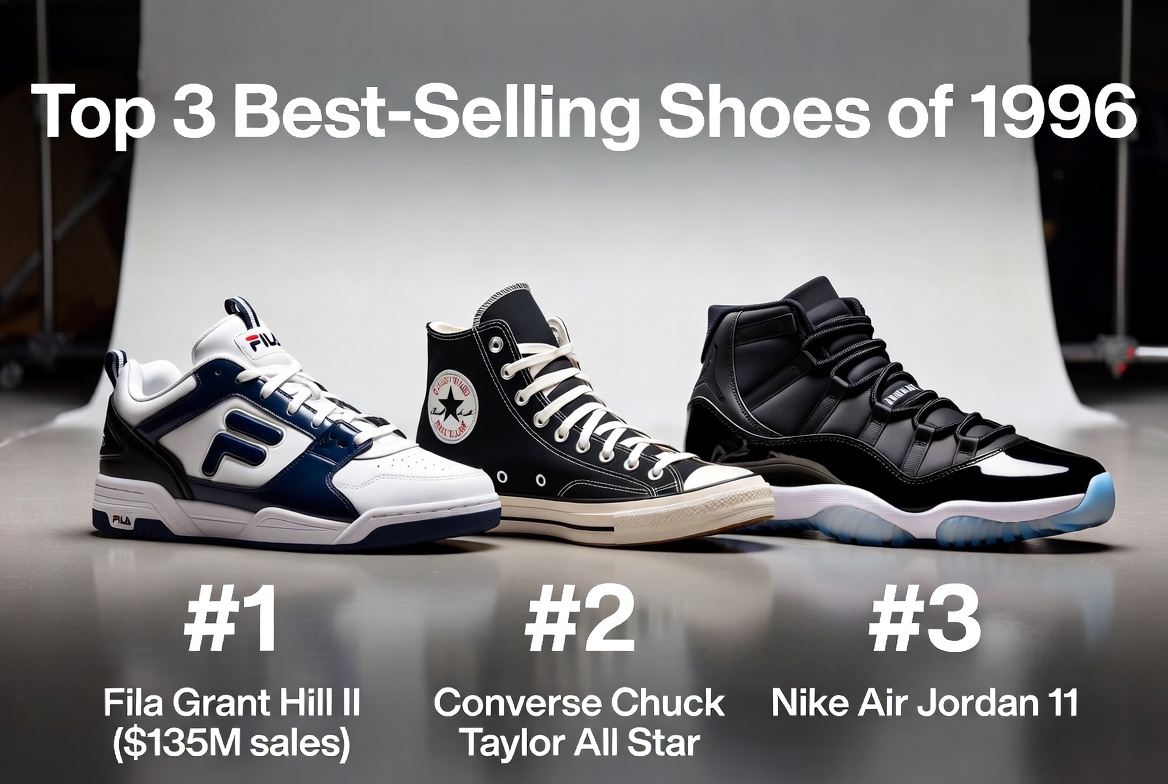 StyleUniversal's tweet photo. The top 3 best selling shoes of 1996:

#1 Fila Grant Hill II
#2 Converse Chuck Taylor All Star
#3 Nike Air Jordan 11 https://t.co/UPG1NATMV4