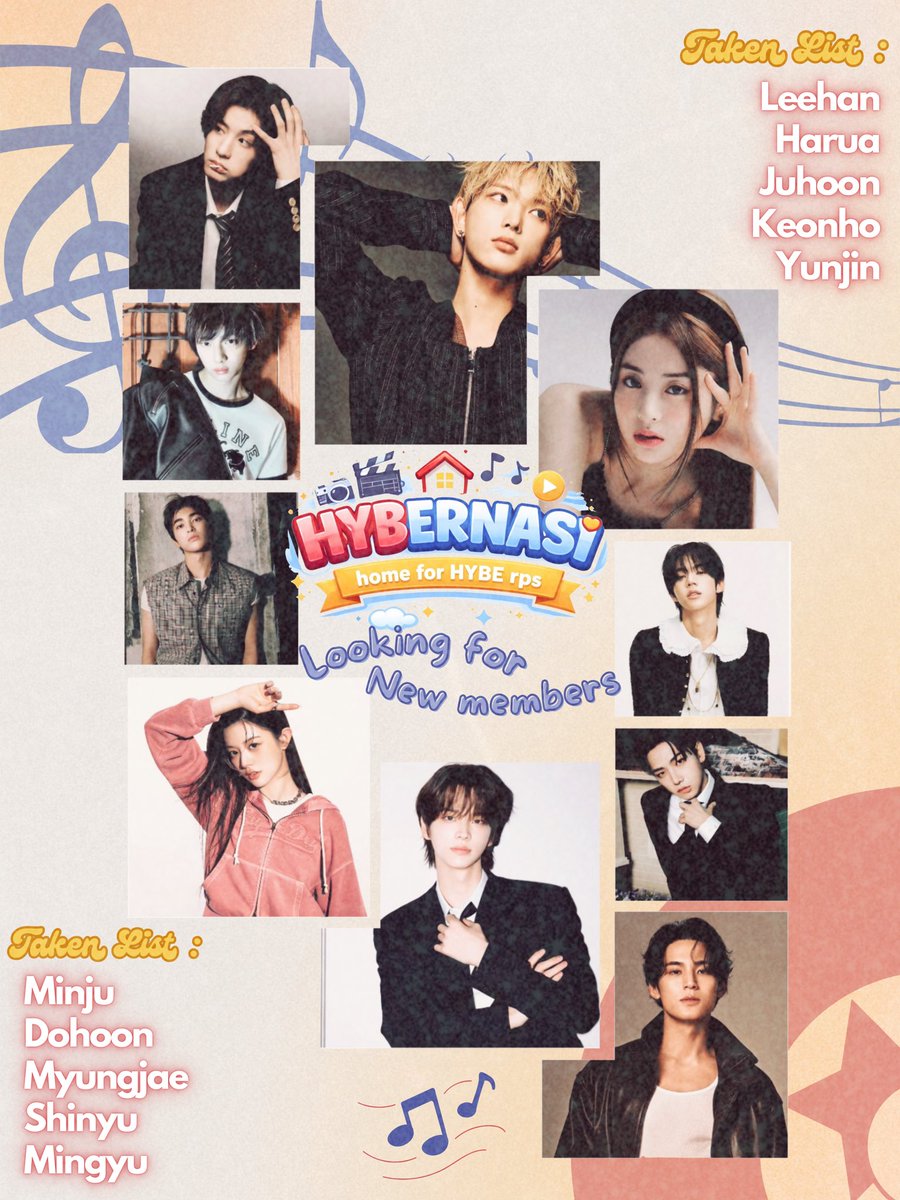Salute! We’re HYBERNASI is looking for HYBE RPs to be part of us. Please check the taken list below. The criteria is must active, loyal to their character, and able to mingle well. Reply format: [ muse name ] + [ group ] + your favorite HYBE group songs.