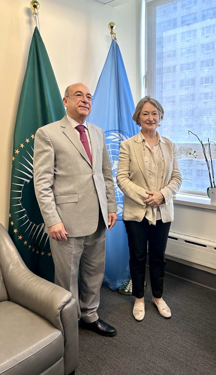 AfricanUnionUN's tweet image. Fruitful exchange today between H. E Amb. Mohamed Fathi Edrees, Permanent Observer of the @_AfricanUnion to the @UN, and the UN Assistant Secretary General on Human Rights,  Iize Brands Kehris, on her upcoming visit to Addis Ababa to participate at the #AU-#UN partnership