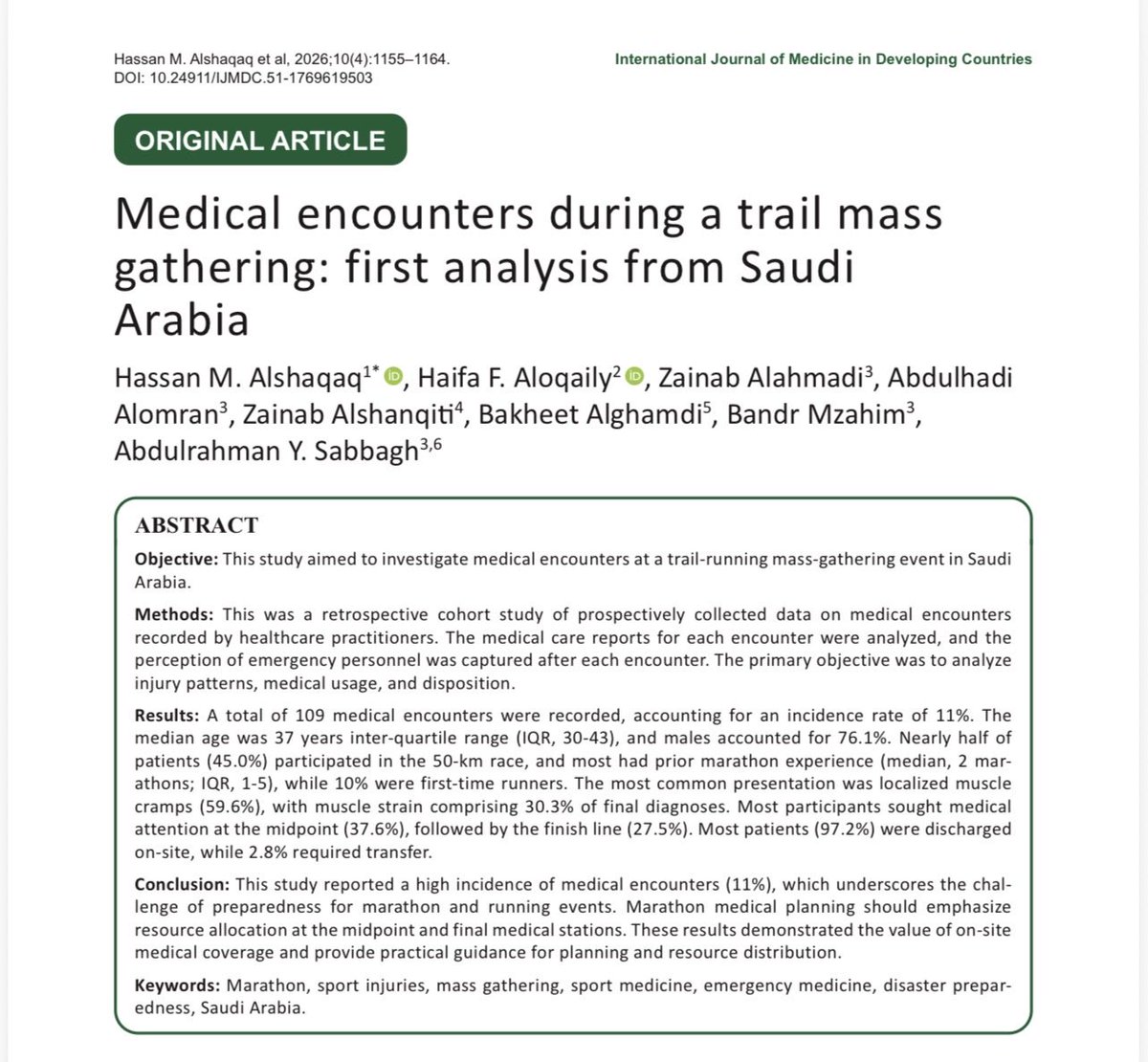 aysabbagh's tweet photo. من الميدان إلى النشر العلمي.
تكامل خبرات طب الطوارئ والكوارث، وطب الحشود والفعاليات، والطب الرياضي،
في نموذج عملي يدعم التخطيط الطبي للفعاليات بقرارات مبنية على البراهين.

شكرًا لفريق العمل التشغيلي والبحثي.
#الطب_الرياضي #طويق #السعودية https://t.co/P3nQ8OCOMF