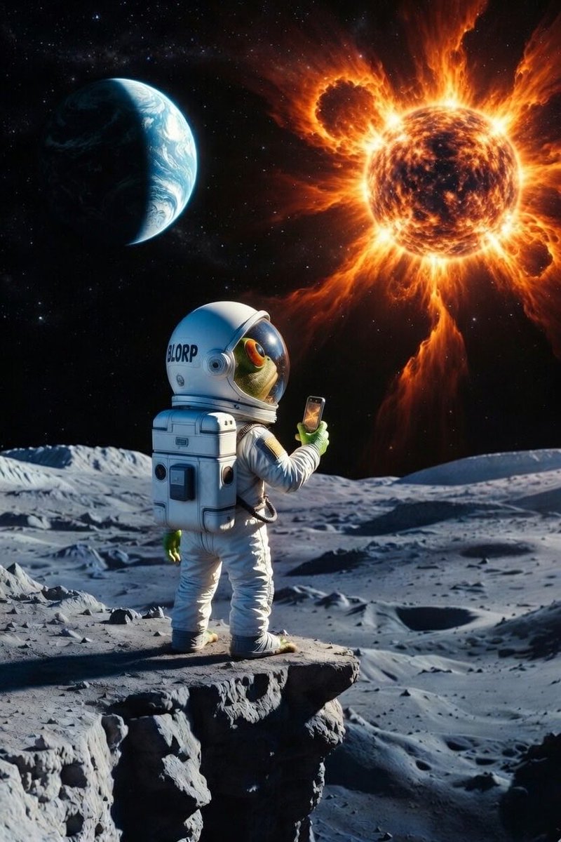 BLORPCOIN1's tweet photo. BLORP’s thumb was already hovering over Linda’s name when he saw it.
At first it looked like a shimmer. A ripple along the edge of the sun — the kind of thing you’d dismiss as eye strain back on Earth. But up here, with no atmosphere to soften anything, it was unmistakable.
Solar flares. And not small ones.
BLORP had read enough about space weather to know what that meant for Earth. Communications knocked out. Satellites scrambled. Phone networks going dark across entire continents. Whatever fragile signal connected his phone to Linda’s was about to get swallowed whole.
He had maybe minutes. Maybe less.
He jammed call on Linda’s name. The line crackled and hissed — already struggling, already fighting through the interference beginning to ripple across the sky.
It rang once.
It rang twice.
“BLORP—” Her voice cut in and out like a bad dream. “—can you hear me — they’re saying the—”
The line dissolved into static.
BLORP stood on the edge of the cliff, 200 feet above his lonely little cave, Earth glowing above him, solar flares blooming silently across the sun’s surface like flowers made of fire.
He’d climbed all the way up here. Charged the phone. Got the signal.
And the sun itself had cut him off.
