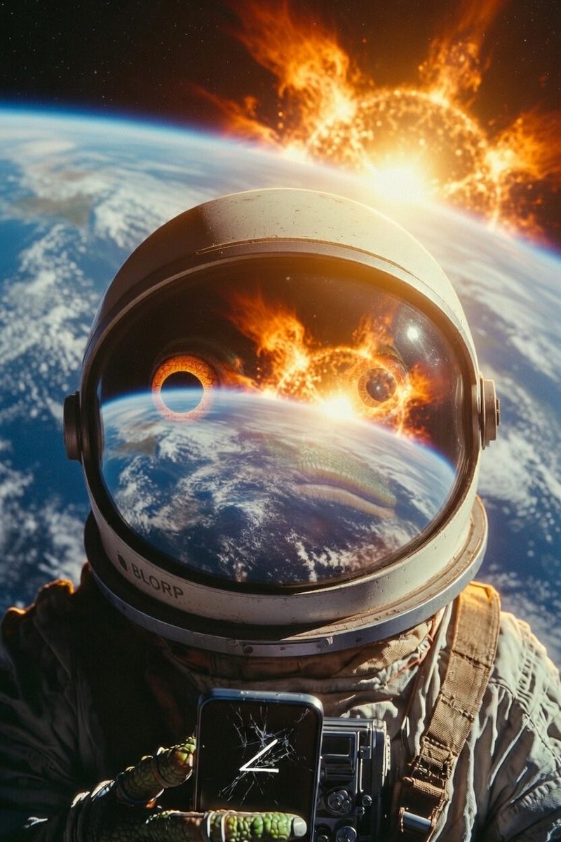 BLORPCOIN1's tweet photo. BLORP’s thumb was already hovering over Linda’s name when he saw it.
At first it looked like a shimmer. A ripple along the edge of the sun — the kind of thing you’d dismiss as eye strain back on Earth. But up here, with no atmosphere to soften anything, it was unmistakable.
Solar flares. And not small ones.
BLORP had read enough about space weather to know what that meant for Earth. Communications knocked out. Satellites scrambled. Phone networks going dark across entire continents. Whatever fragile signal connected his phone to Linda’s was about to get swallowed whole.
He had maybe minutes. Maybe less.
He jammed call on Linda’s name. The line crackled and hissed — already struggling, already fighting through the interference beginning to ripple across the sky.
It rang once.
It rang twice.
“BLORP—” Her voice cut in and out like a bad dream. “—can you hear me — they’re saying the—”
The line dissolved into static.
BLORP stood on the edge of the cliff, 200 feet above his lonely little cave, Earth glowing above him, solar flares blooming silently across the sun’s surface like flowers made of fire.
He’d climbed all the way up here. Charged the phone. Got the signal.
And the sun itself had cut him off.