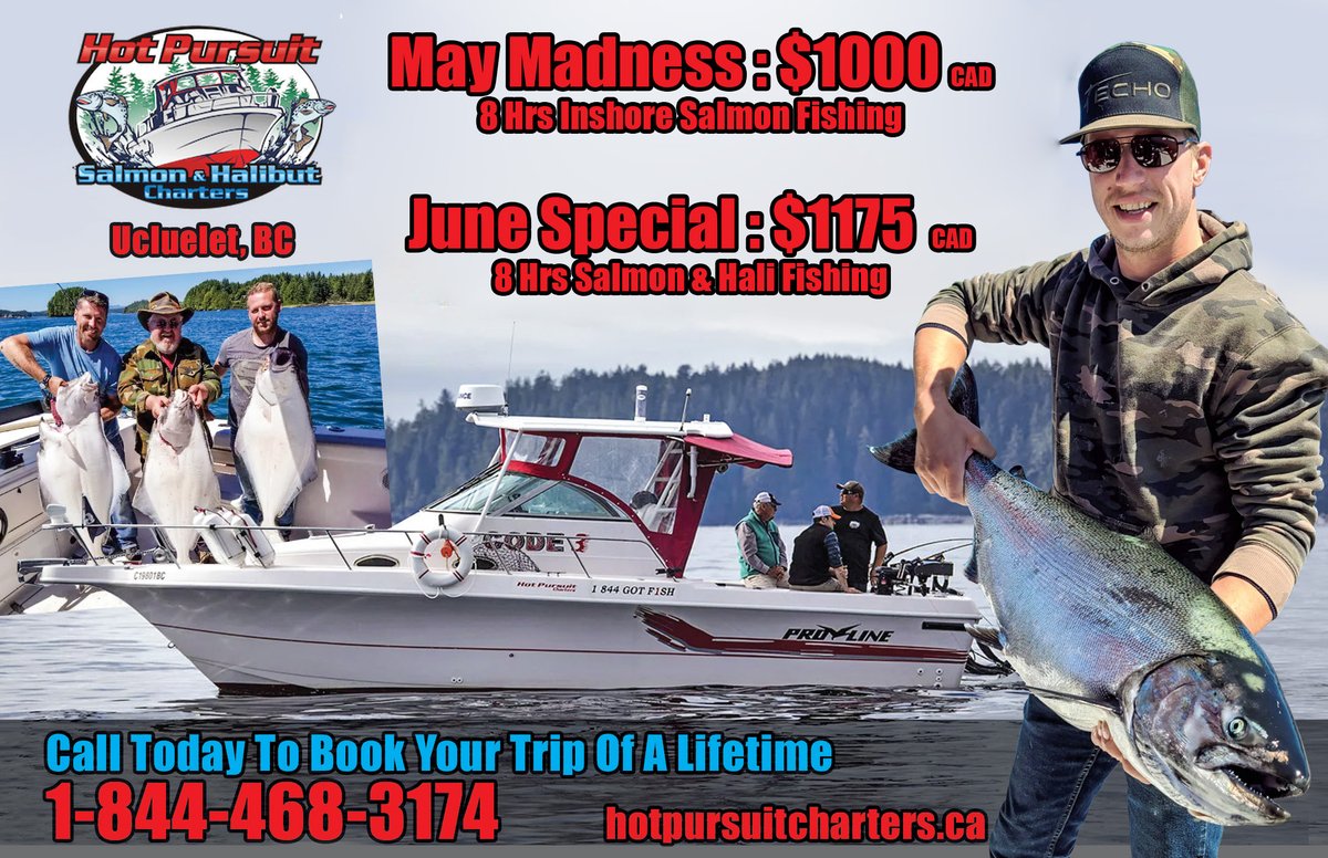 hpcharters's tweet image. May and June specials available at Hot Pursuit Charters. Book in advance for the great rates at Hot Pursuit Charters

Toll Free 1 844 468 3174
#explorebc #fishingcharter  #salmonfishing #bcfishing #fishingucluelet  Fishing with Rod #Ucluelet #westcoastfishing  #barkleysound