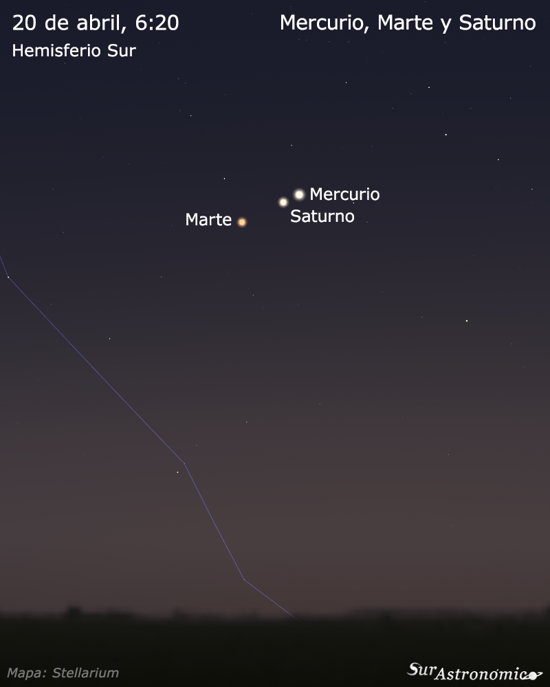 surastronomico's tweet photo. Antes del amanecer de mañana 20/04 se podrá ver a baja altura sobre el horizonte este una espléndida conjunción entre Mercurio y Saturno, que estarán separados por solo 0,5° (equivalente al diámetro de la luna llena), junto con Marte a 1,2° de Saturno.

#astronomia https://t.co/9c5ZT3dool