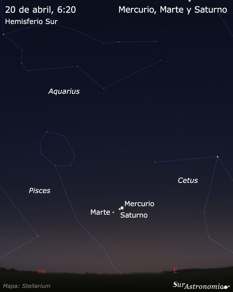 surastronomico's tweet photo. Antes del amanecer de mañana 20/04 se podrá ver a baja altura sobre el horizonte este una espléndida conjunción entre Mercurio y Saturno, que estarán separados por solo 0,5° (equivalente al diámetro de la luna llena), junto con Marte a 1,2° de Saturno.

#astronomia https://t.co/9c5ZT3dool