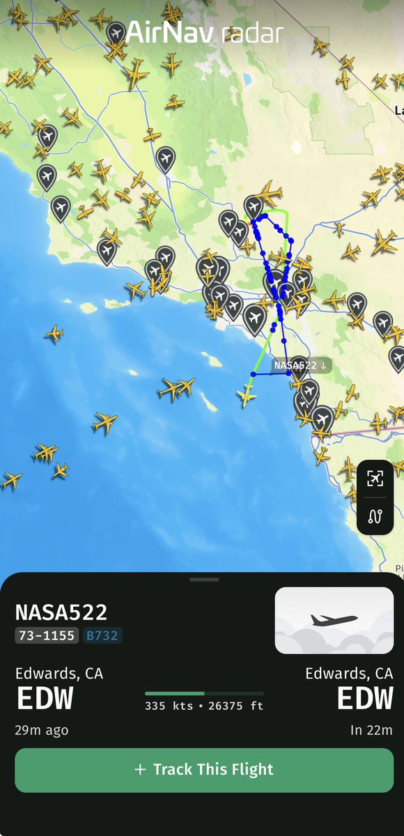 AirNavRadar's tweet photo. π¨ Most Tracked Flight of the Day
Our most tracked flight today is #NASA522, a Boeing NT-43A β a highly specialized aircraft used by NASA as a flying radar and sensor testbed. The aircraft is often deployed to support space missions, tracking and collecting data during critical phases.
Today, itβs airborne just hours before the Artemis II splashdown back on Earth.
Track it live: https://t.co/OjgG7C7RxC
#NASA #ArtemisII #Aviation