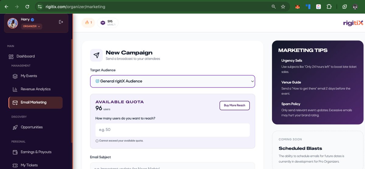 Just shipped Email Marketing inside <a href="/rigitiX/">rigitiX</a>.
Everything you need:
✔️ Publish campaigns
✔️ Track performance
✔️ Keep in touch with your attendees
Zero switching. Zero friction.

Organizers, your life just got 10x easier. 💜