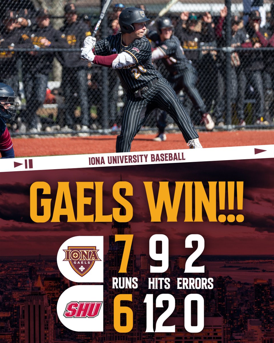 IonaBaseball's tweet photo. #GAELSWIN!!!
Costello walks it off to give the Gaels a 7-6 win!
Kehoe and Silvia both batted 2-4 on the day! Payamps and Davis combine to strike out 11 Sacred Heart batters!
#GaelNation https://t.co/hgFtcC6ykH