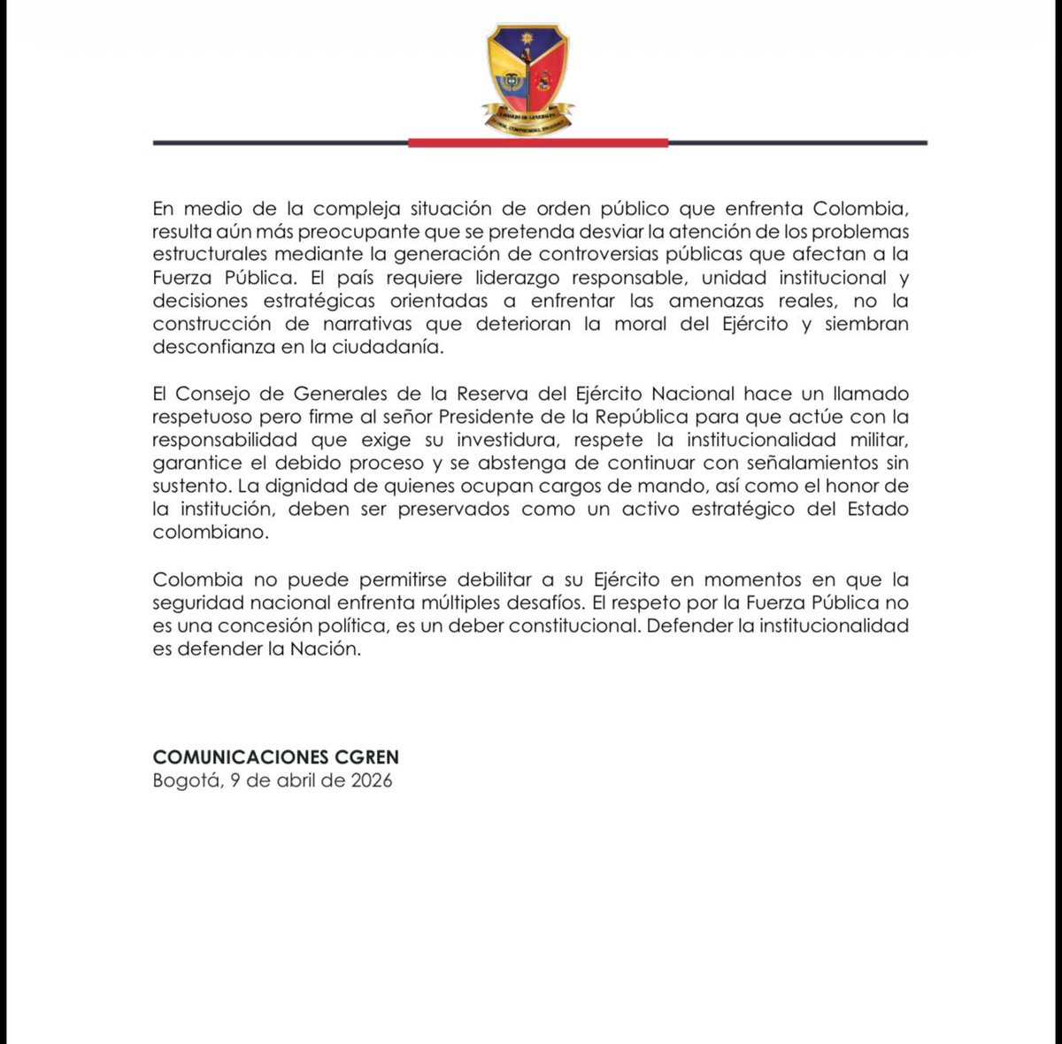 #ORDENPÚBLICO | El Consejo de Generales de la Reserva del Ejército Nacional (<a href="/CgrenEjc/">Consejo de Generales de la Reserva del Ejército</a>) expreso preocupación y rechazo frente a las declaraciones del presidente Gustavo Petro (<a href="/petrogustavo/">Gustavo Petro</a>) por los señalamientos públicos y reproches contra la institución militar, sin pruebas ni