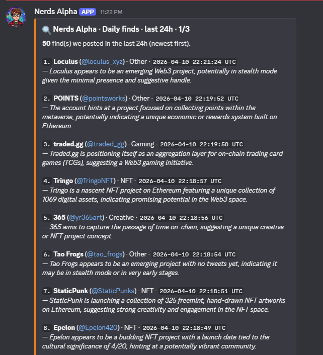 Alphanerds_Sol's tweet photo. @OwlLfg @TempoTopia @octaverse_eth @Slabzapp @wormpredict @FuxelFox @moonycoin @mimuonape @flynetchain You need to add fresh projects to this list .
DM me on Discord (ID in bio) and I’ll get you early access to our trackers.
50 projects discovered today. https://t.co/SDpNWKWMh0