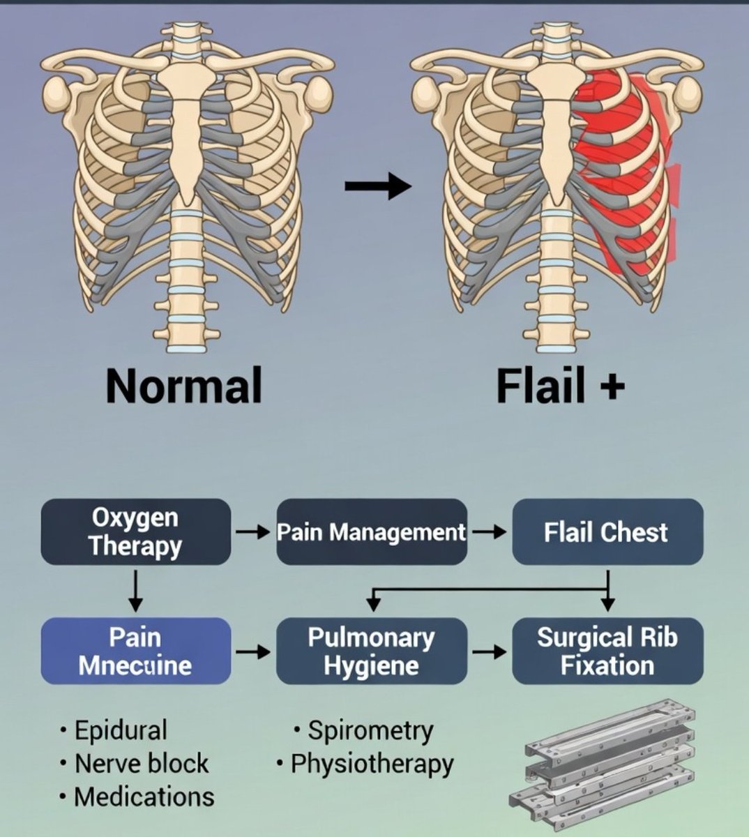 ajay_dhojak07's tweet photo. علاج الصدر المتمايل (Flail Chest) يبدأ دائمًا بالـ ABCs:الأكسجين  
السيطرة على الألم (التخدير فوق الجافية Epidural أو البلوكات العصبية تغير قواعد اللعبة تمامًا)  
العلاج الطبيعي الصدري (Chest Physio)

كثير من الحالات يتحسنون بشكل جيد بالعلاج المحافظ في وحدة العناية المركزة (ICU).أما إذا فشل التنفس أو كان الـ Flail شديدًا → يُفضل التدخل الجراحي المبكر لتثبيت الأضلاع (Rib Fixation باستخدام الصفائح/Plates)، حيث يقلل بشكل كبير من مدة التنفس الصناعي وخطر الإصابة بالالتهاب الرئوي.