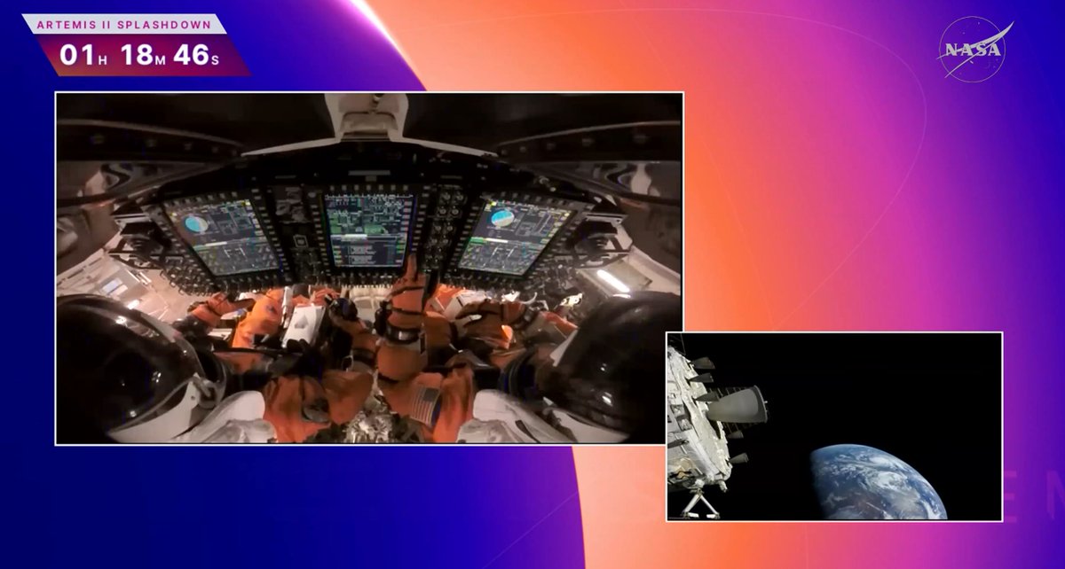smeonX's tweet photo. About 1 hr to go for this historic return of Artemis 2. https://t.co/6IB47ZZ7hi
