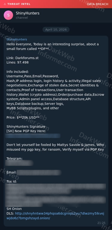 ‼️ The forum DarkForums has allegedly been breached by ShinyHunters.

Threat Actor: ShinyHunters
Category: Data Breach
Victim: DarkForums (darkforums[.]st)
Industry: Cybercrime Forum
Price: $20,000 USD

Total Lines: 97,498

The data includes:

▪️ Usernames
▪️ Passwords
▪️ Email