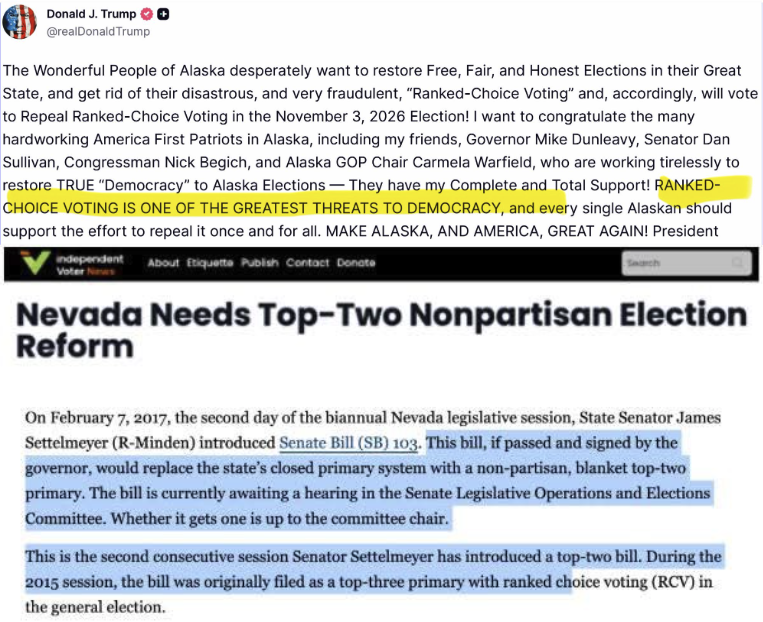 . <a href="/realDonaldTrump/">Donald J. Trump</a>  has made it clear that RANKED CHOICE VOTING IS A THREAT TO OUR DEMOCRACY. 

Mr. Settelmeyer introduced 2 bills to bring Ranked Choice Voting to Nevada. 

This is why I’m running for Congress. 

Full link: 
ivn.us/posts/nevada-n…