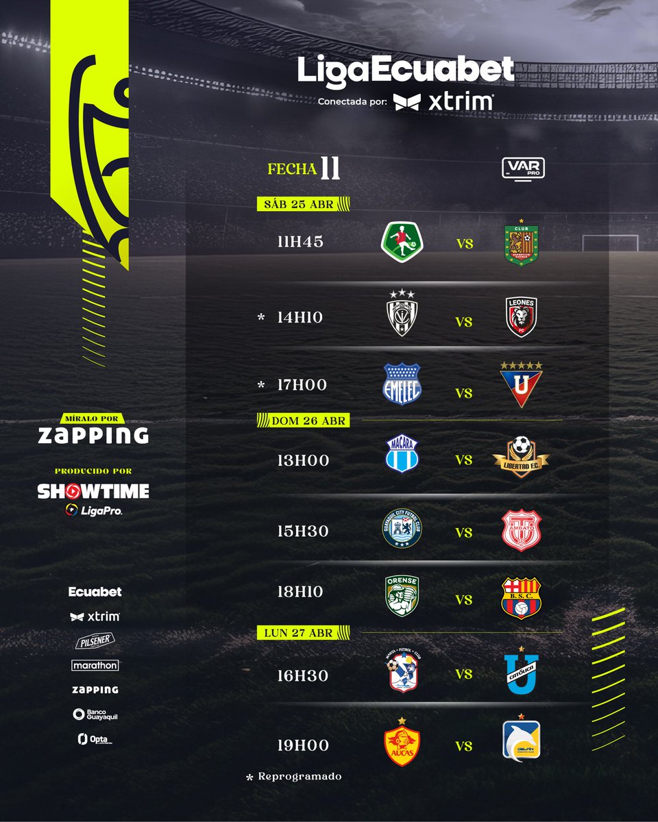 📍Reprogramación de horarios de la Fecha 11 - Fase Inicial de la Liga Ecuabet ⚽️

#LigaEcuabetConectadaPorXtrim 🇪🇨💯