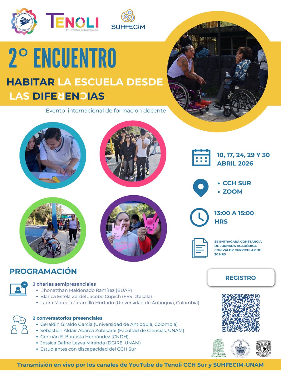 suhfecim's tweet photo. ¡A T E N C I Ó N! 
Invitamos al 2° Encuentro "Habitar la escuela desde las diferencias" 🏫

🗓 10, 17, 24, 29 y 30 de abril de 2026.

🕜 13 a 15 h

📍 Presencial: CCH Sur.

💻 Virtual: a través de los canales de YouTube "Tenoli CCH Sur" y "SUHFECIM - UNAM". https://t.co/BLxwgivpSW