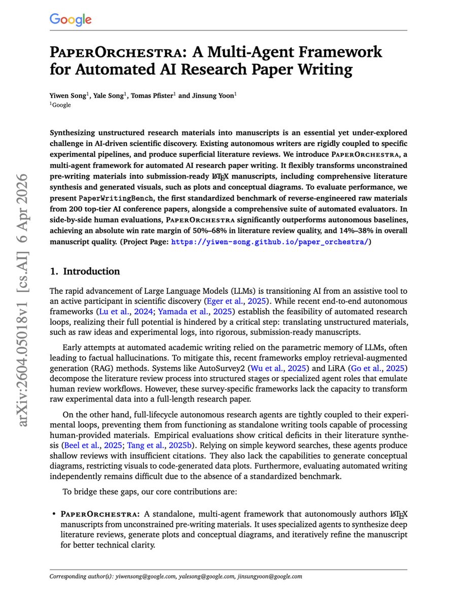 PaperOrchestra: A Multi-Agent Framework for Automated AI Research Paper Writing โ Google, arXiv:2604.05018, with benchmark results