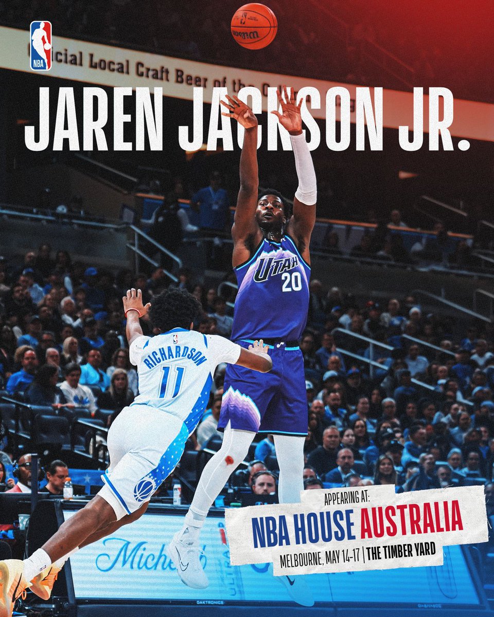 NBA_AU's tweet photo. ALL-STAR DOWN UNDER 🤩

NBA All-Star and Defensive Player of the Year Jaren Jackson Jr. is coming to Melbourne as part of the first-ever NBA House in Australia.

📍 The Timber Yard, Melbourne
📅 May 14–17
🎟️ https://t.co/8vyYaPjcnK

Don’t miss your chance to be a part of all the action 🏀

#NBAAustralia
