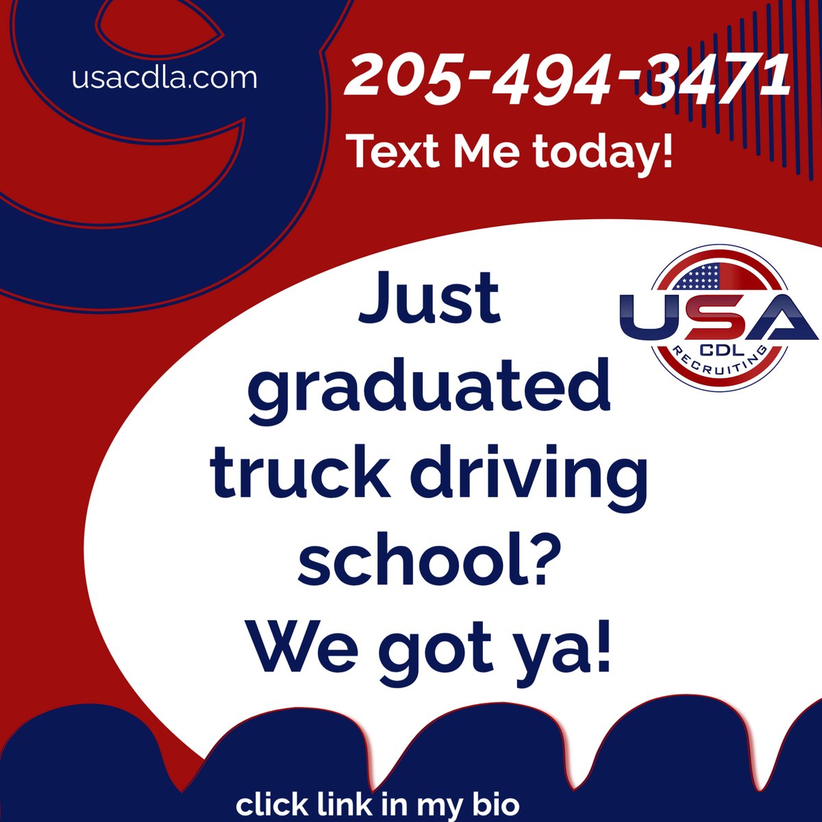 usacdla's tweet image. Text 205-494-3471 today or visit usacdla.com for support and opportunities after graduation. Click the link in bio to get started. #TruckDriving #CareerSupport #NewDrivers